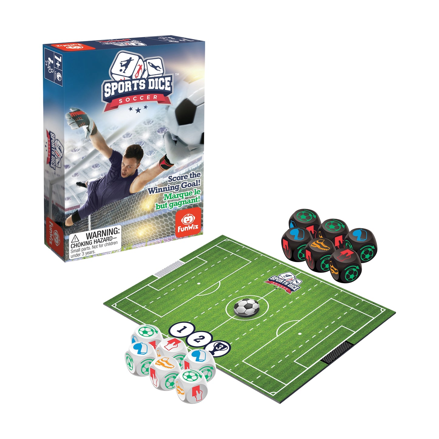 Sports Dice Soccer game set with green field board, white and black dice, and colorful player dice