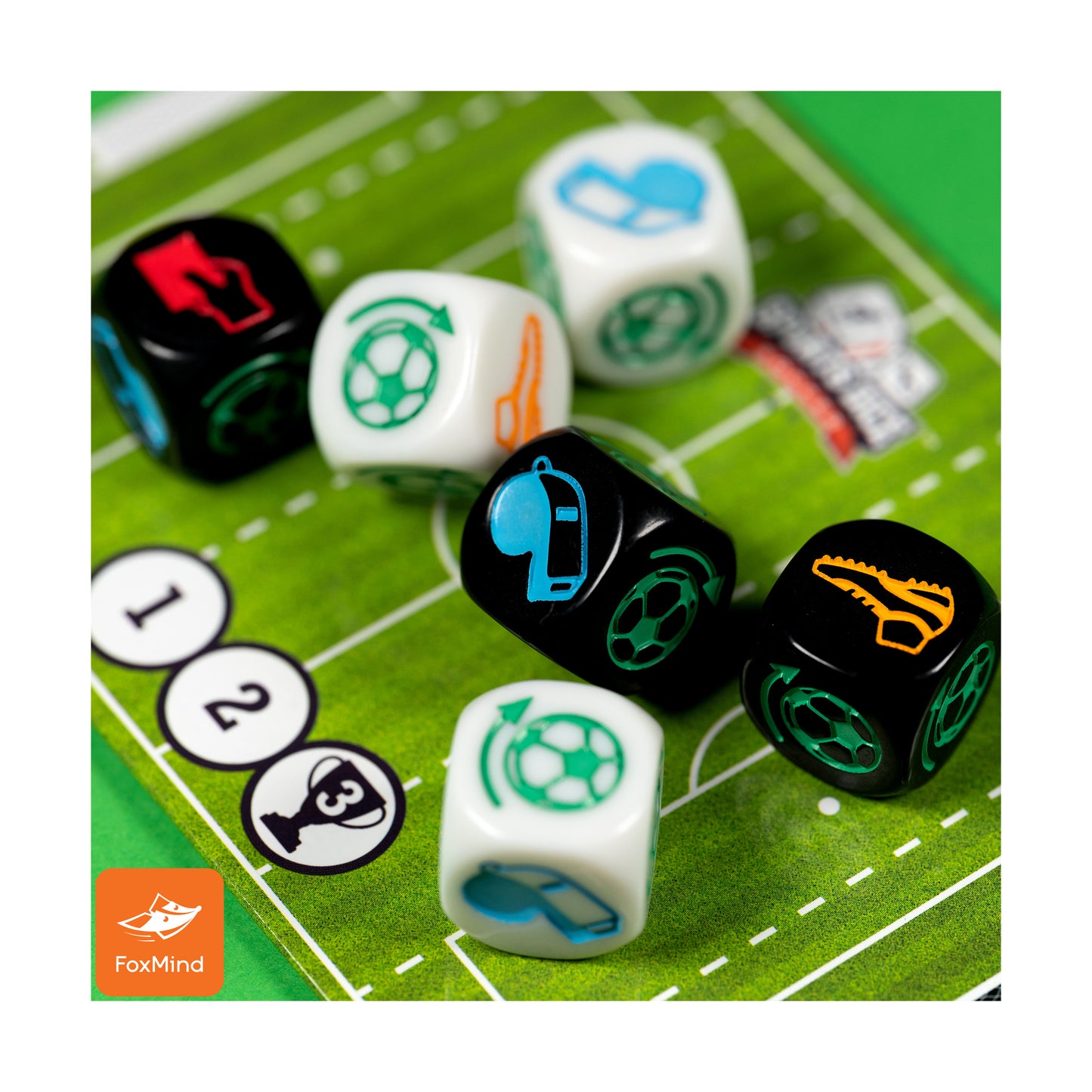 Sports Dice Soccer game with white and black dice on green field, FoxMind brand