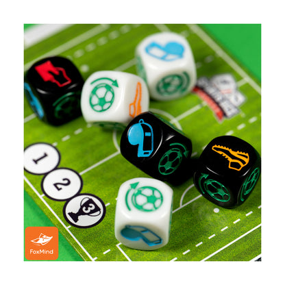 Sports Dice Soccer game with white and black dice on green field, FoxMind brand