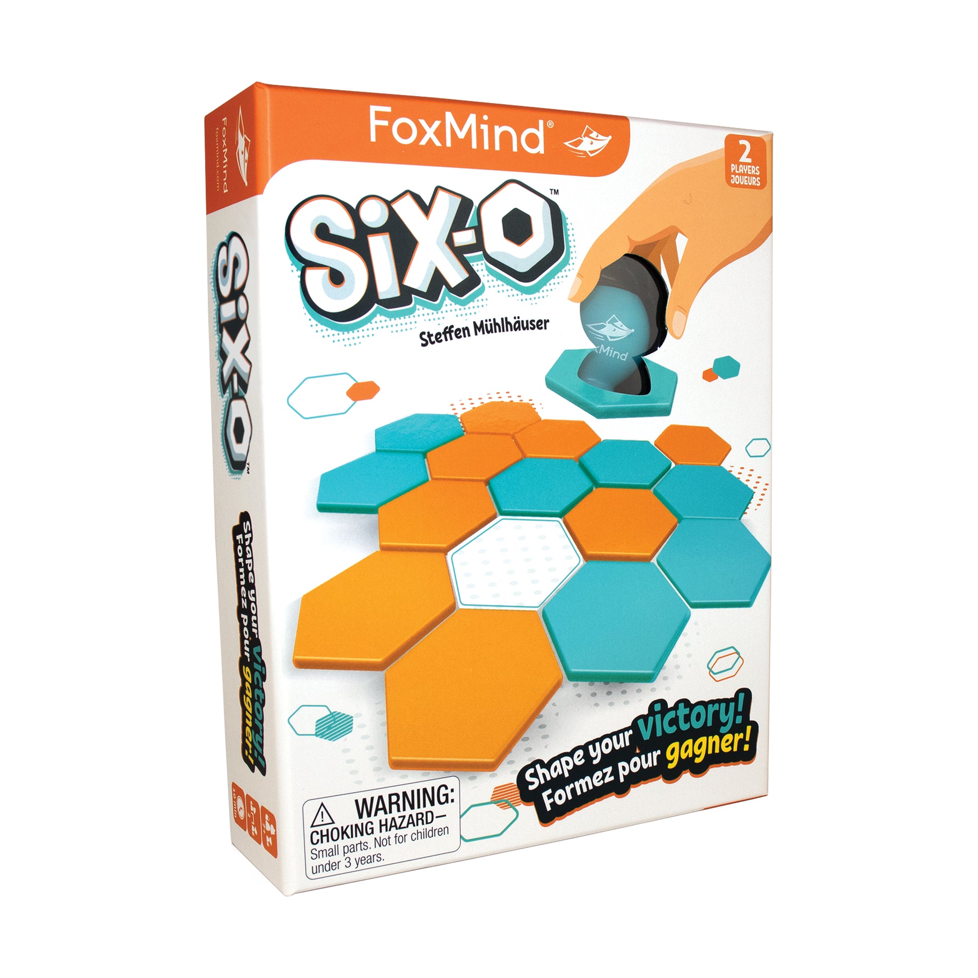 FoxMind Sixo hexagon puzzle game with orange and teal pieces and stamper tool