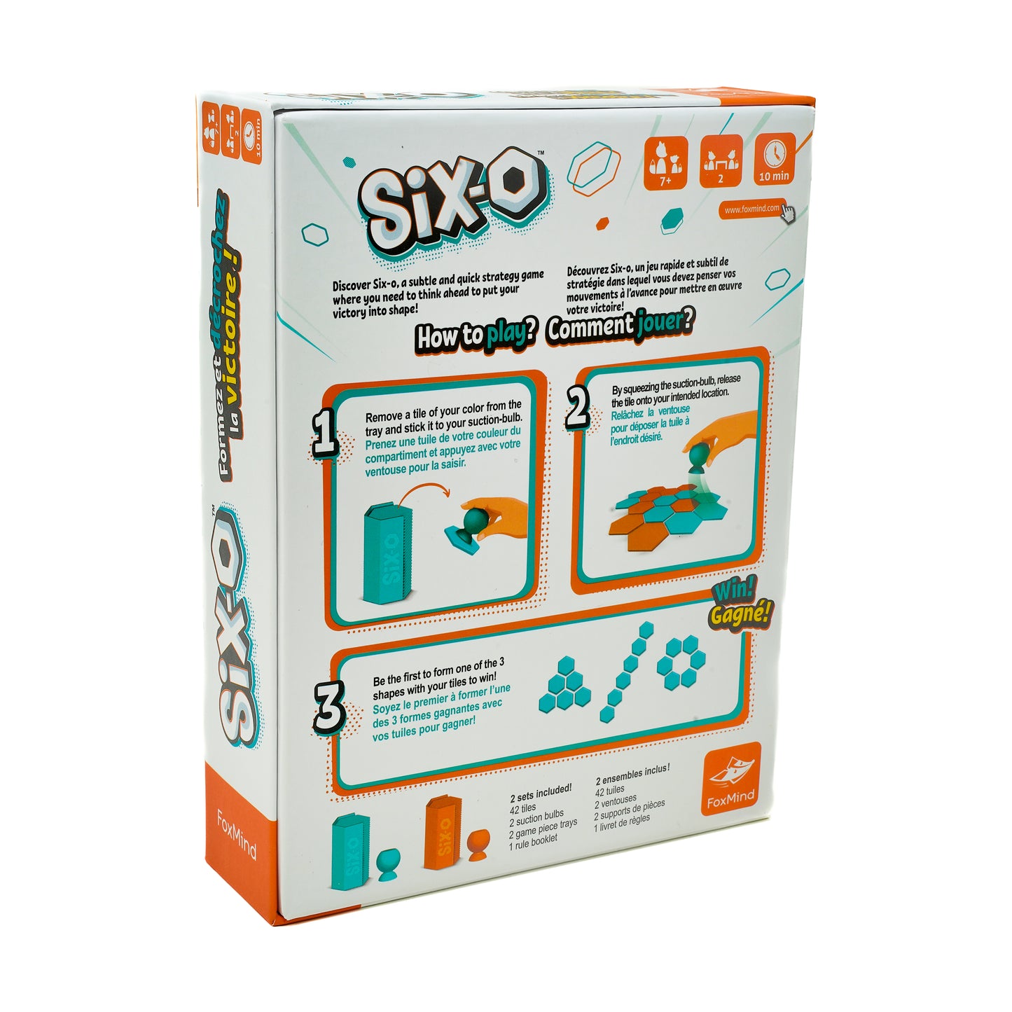 Six-O strategy board game with orange and teal tiles and suction-cup pieces