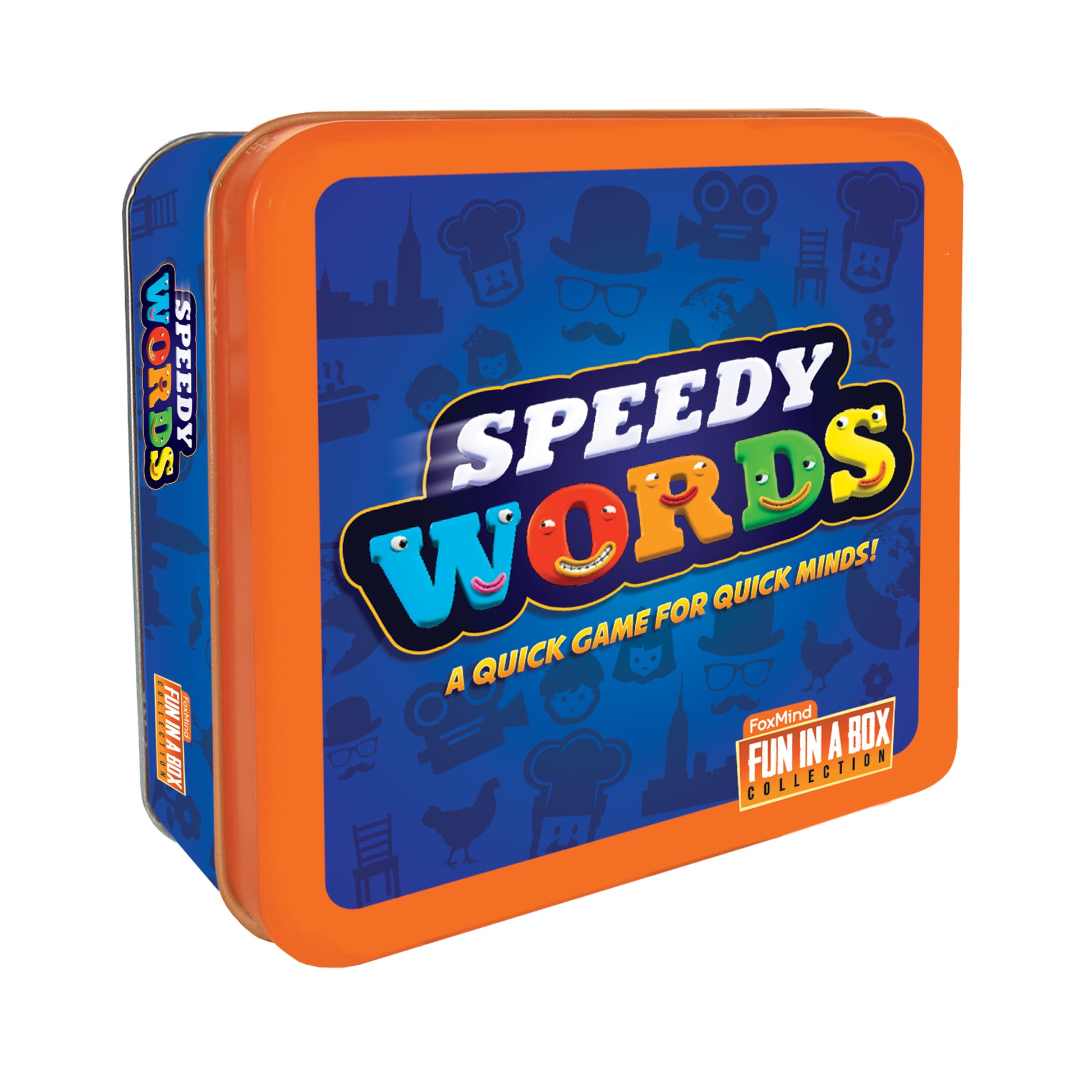 Speedy Words card game in orange and blue tin box, labeled "A Quick Game for Quick Minds" with FoxMind Fun in a Box Collection branding