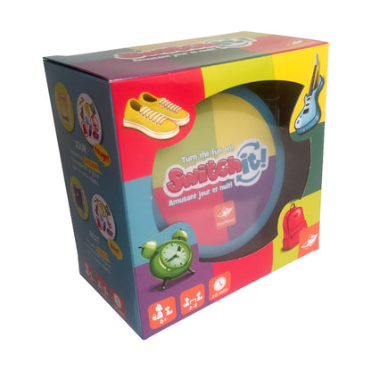 Switch It! Day and Night observation game box showing colorful packaging with illustrations of yellow sneakers, green alarm clock, blue guitar, and red backpack