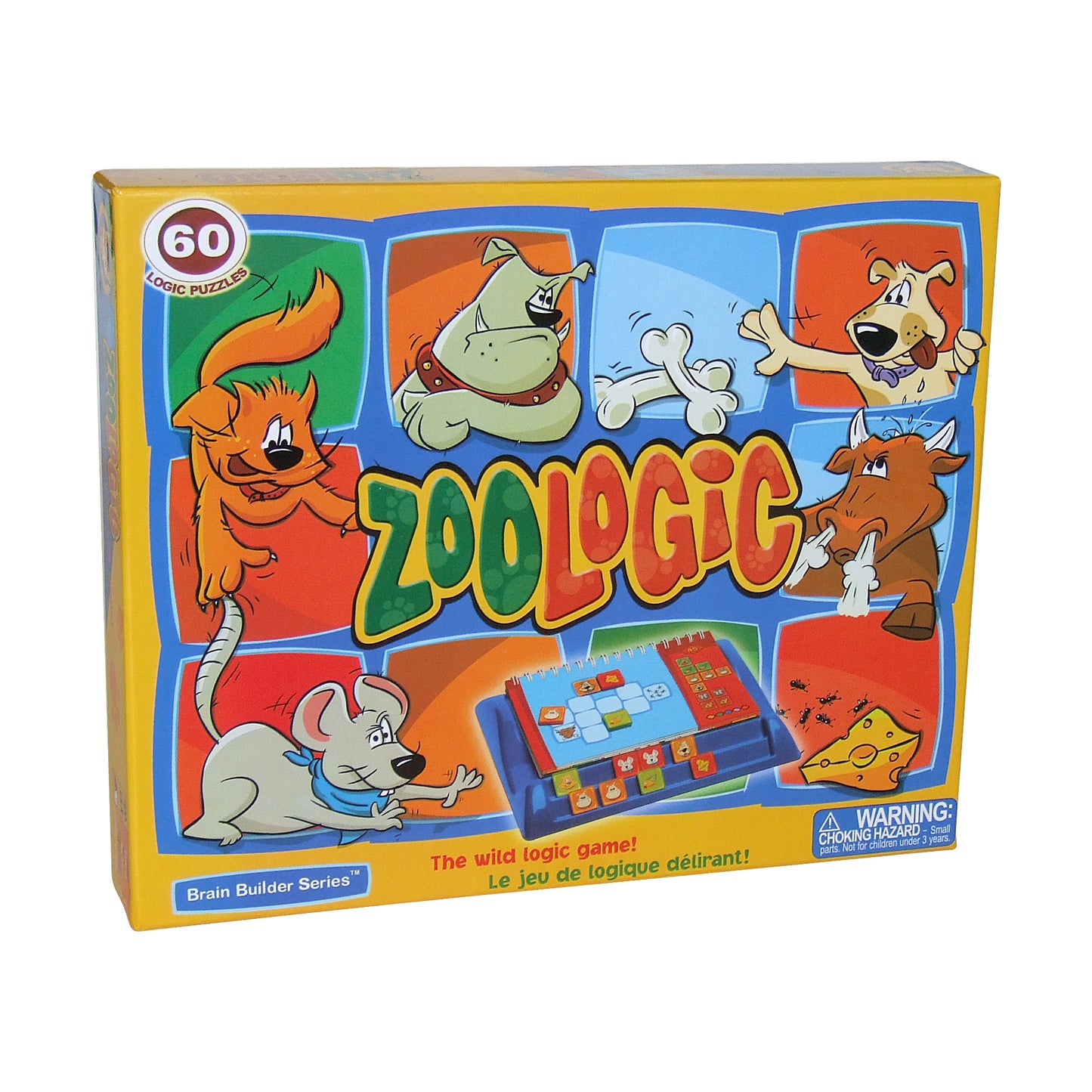 Zoologic Brain Builder Series 60-piece logic puzzle box featuring cartoon animals including a fox, dog, bull, and mouse with game board shown on front