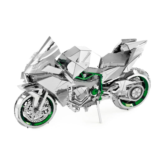 Metal Earth ICONX Kawasaki Ninja H2R 3D superbike model kit with silver metal panels, green accents on wheels and frame, displayed assembled on plain background