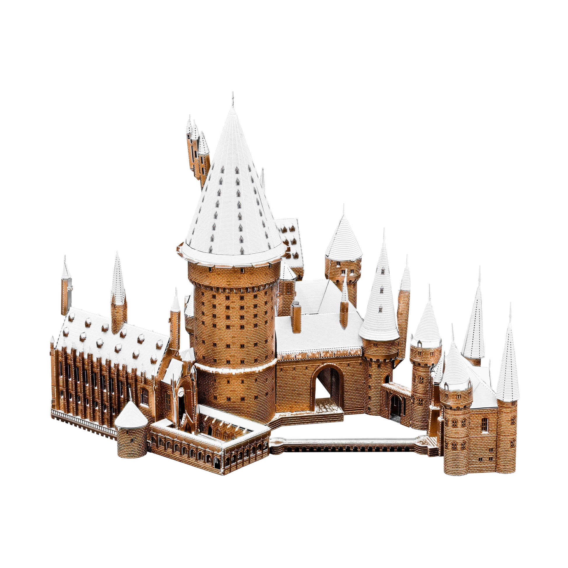Metal Earth ICONX Harry Potter Hogwarts Castle 3D metal model kit with snow-covered towers and white pointed roofs on plain background