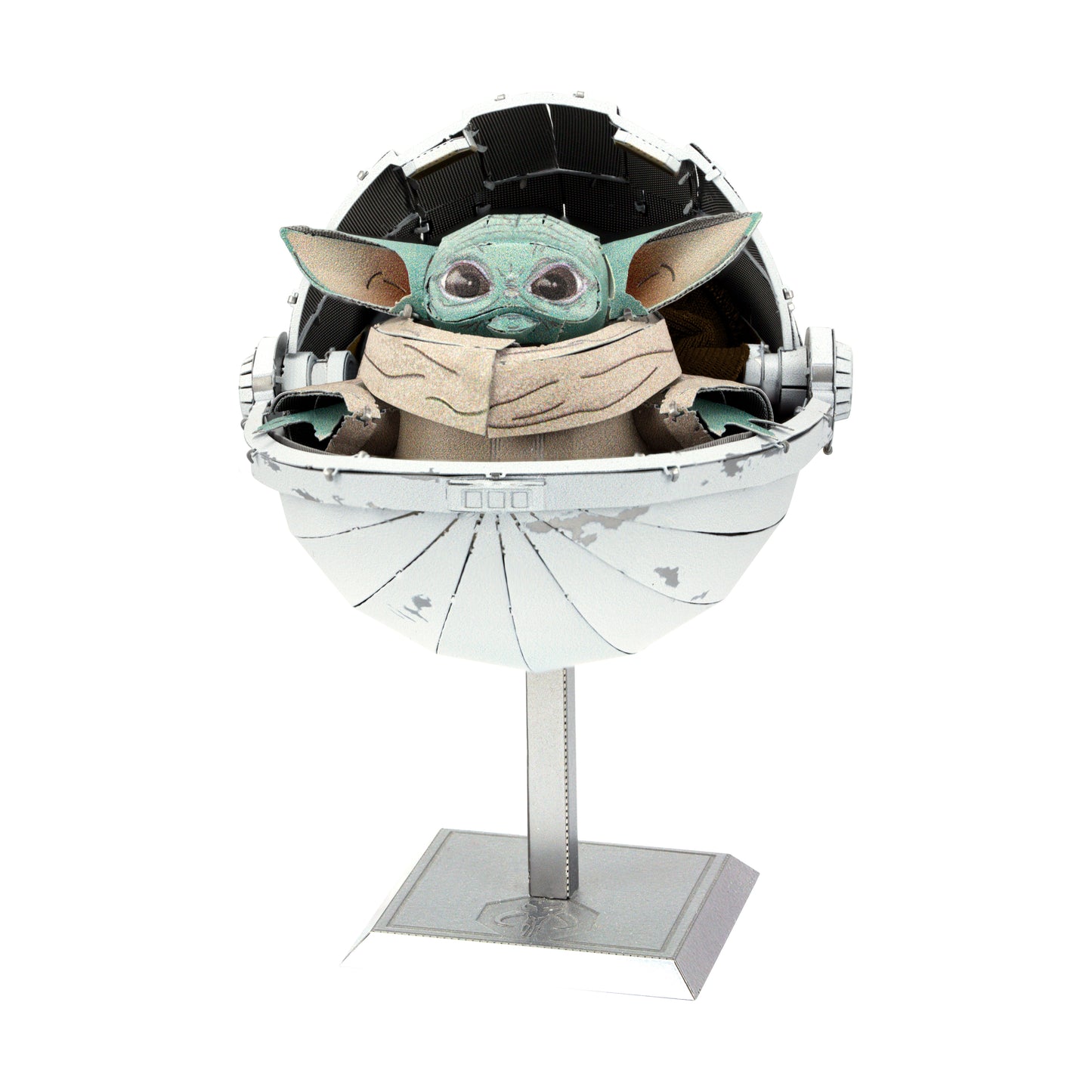 Metal Earth ICONX 3D model kit featuring The Child in a hovering pod with opening dome, displayed on stand