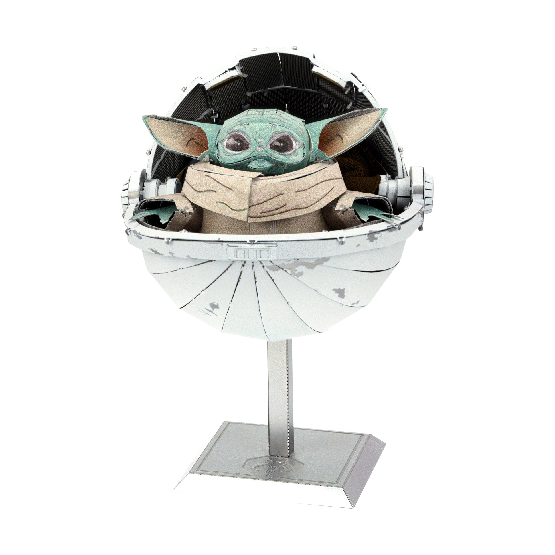 Metal Earth ICONX 3D model kit featuring The Child in a hovering pod with opening dome, displayed on stand