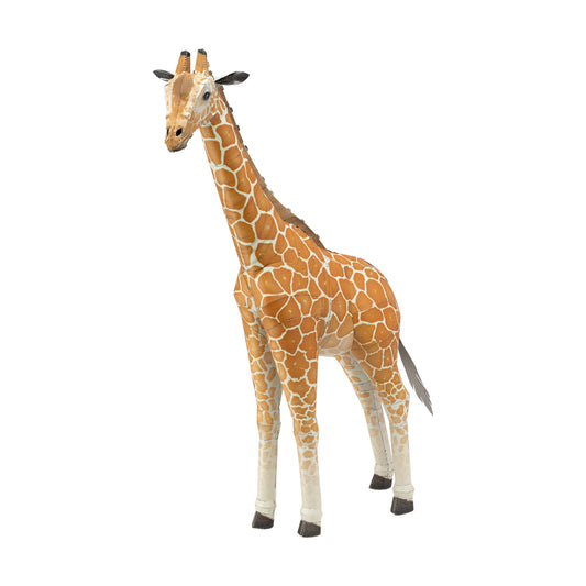 Tan and white giraffe figure with brown spots and black ears, modeled in metal as a 3D assembly kit