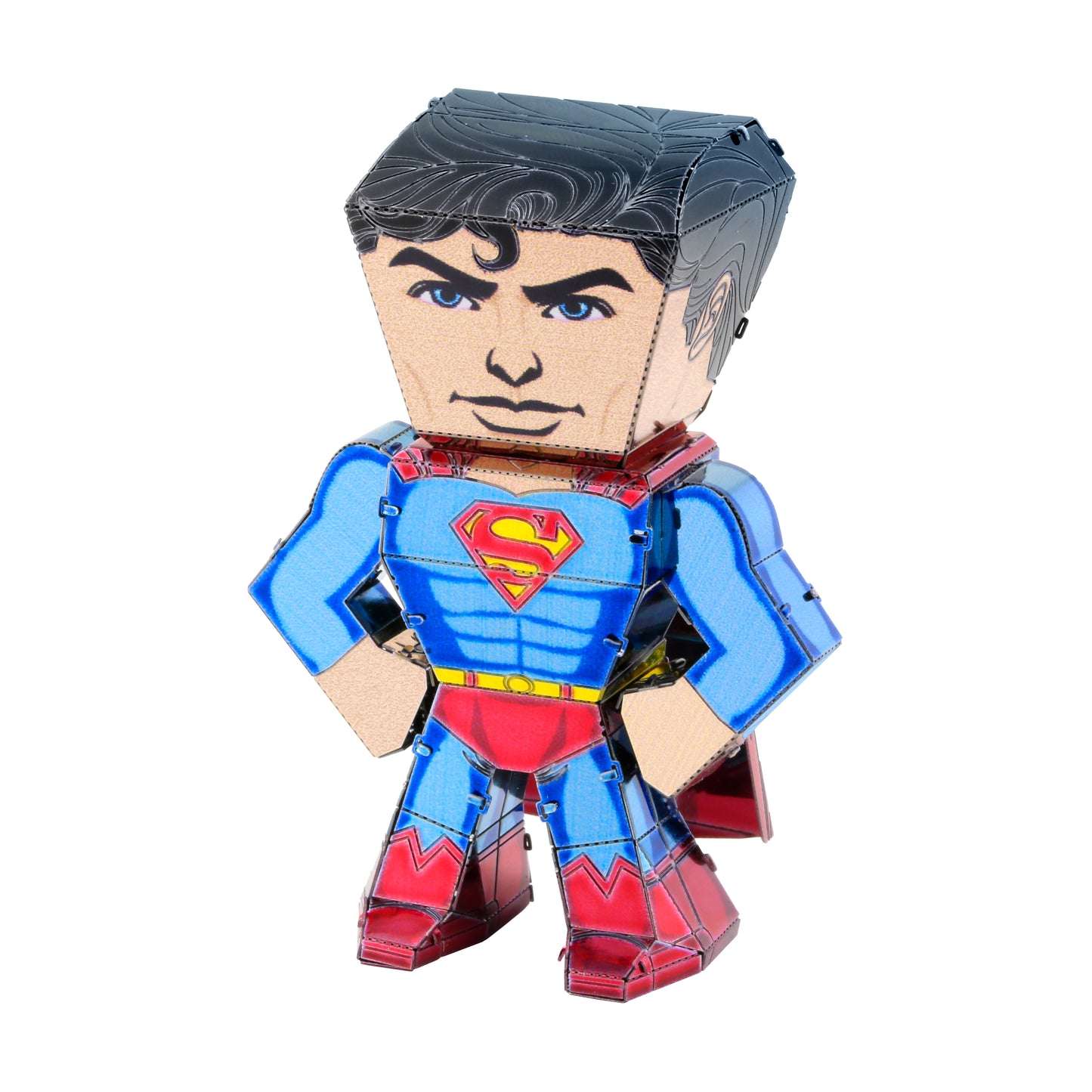 Metal Earth Legends Superman 3D steel model kit, assembled figure with blue suit, red cape and boots, black hair, and Superman chest emblem on white background