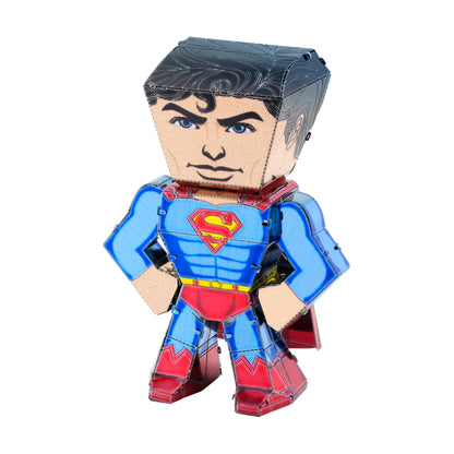 Metal Earth Legends Superman 3D steel model kit, assembled figure with blue suit, red cape and boots, black hair, and Superman chest emblem on white background