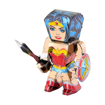 Metal Earth 3D Wonder Woman figure with blue hair, yellow tiara, red and gold armor, holding sword and shield on plain background