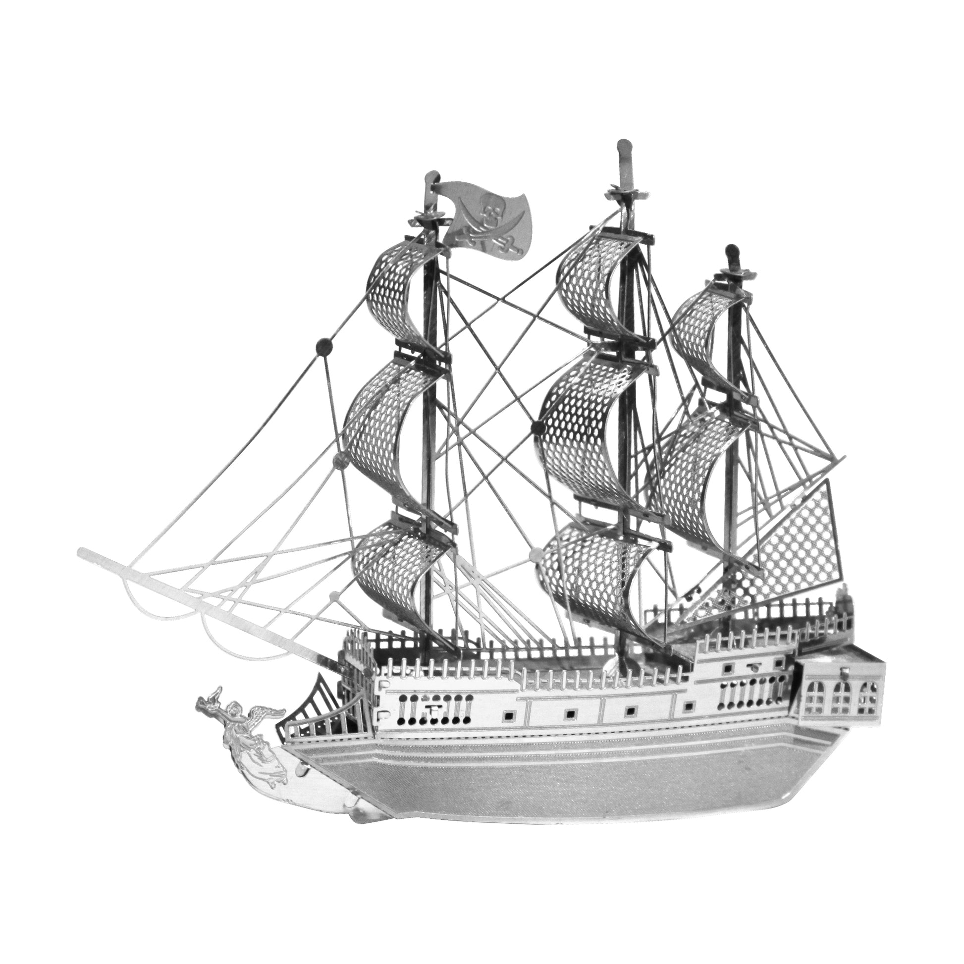 Metal Earth 3D metal model kit of the Black Pearl pirate ship with detailed sails, masts, rigging, and hull on plain background