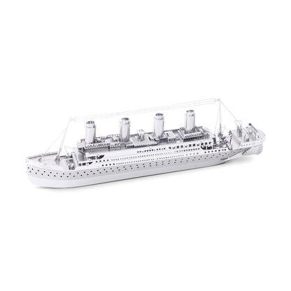 Metal Earth 3D metal model kit of the Titanic ship with detailed hull, multiple smokestacks, and deck structures on plain white background