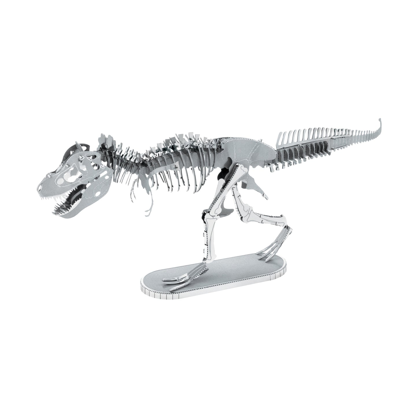 Metal Earth Tyrannosaurus Rex 3D model kit assembled and displayed on base, showing detailed metallic skeleton structure with movable joints