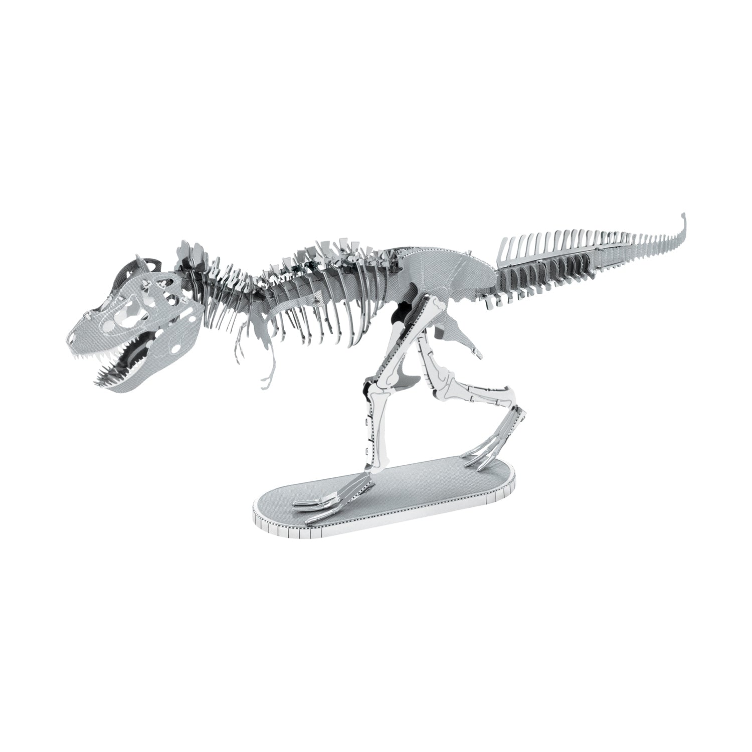 Metal Earth Tyrannosaurus Rex 3D model kit assembled and displayed on base, showing detailed metallic skeleton structure with movable joints
