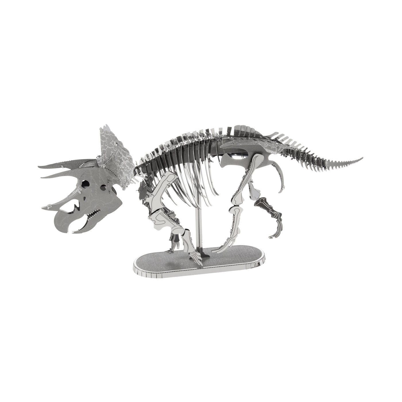 Metal Earth Triceratops 3D Metal Model DIY Kit, silver metal skeleton assembly on white background