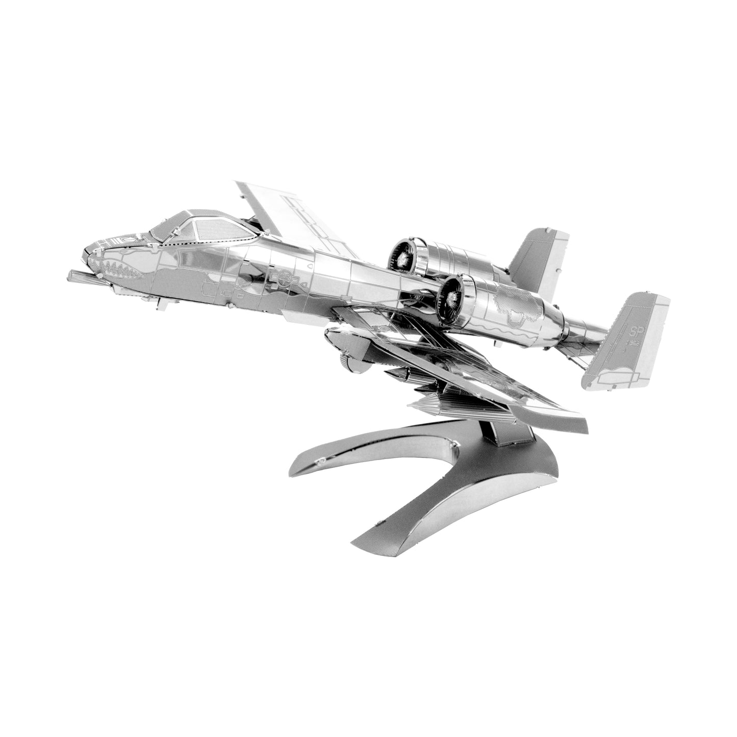 Metal Earth 3D metal model kit A-10 Warthog military aircraft on display stand, shown assembled in metallic silver and black finish