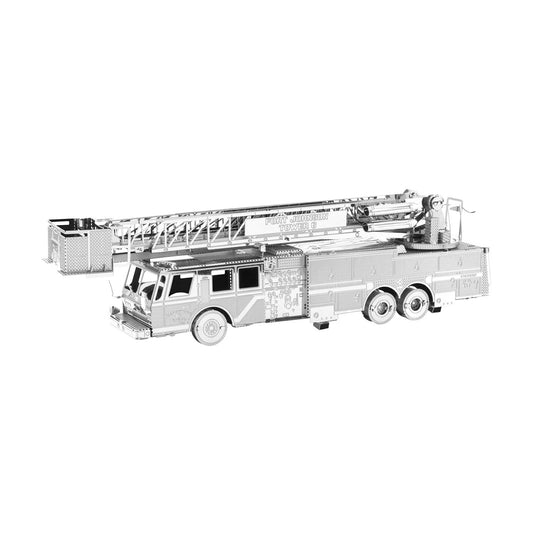 Metal Earth 3D fire engine model kit with extended ladder tower, shown assembled in silver metallic finish against white background