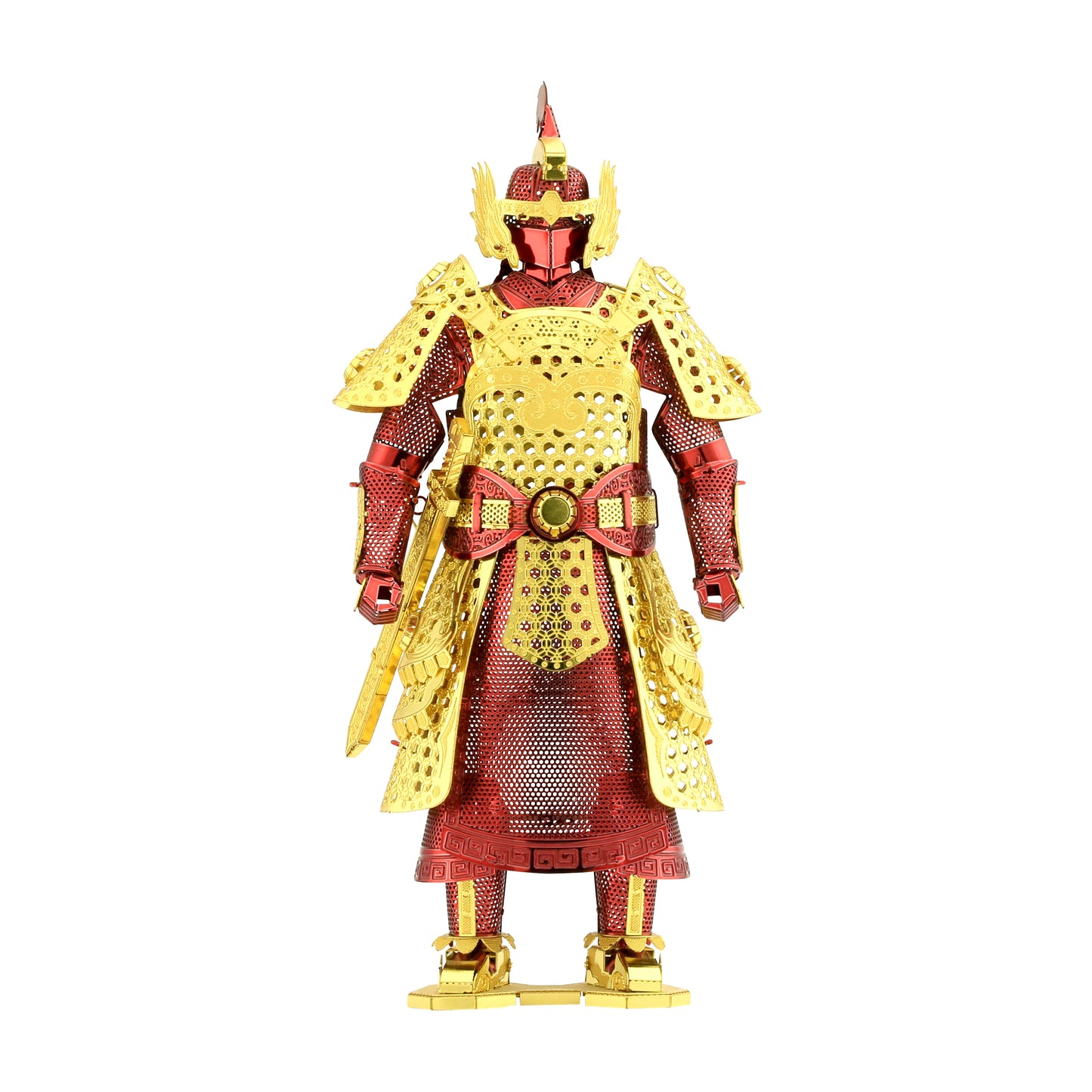 Metal Earth 3D metal model kit assembled into a Chinese Ming Dynasty warrior in red and gold armor with winged shoulder plates and pointed helmet