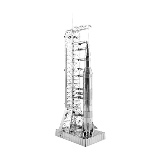 Metal Earth 3D Metal Model Kit Apollo 11 Saturn V Rocket assembled model on plain background