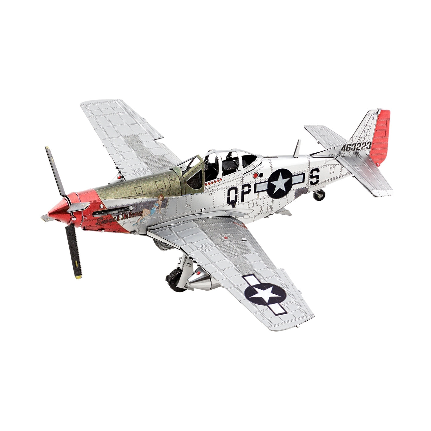 Metal Earth 3D Steel Model Kit - P-51D Mustang fighter plane with red nose cone and white fuselage on plain background