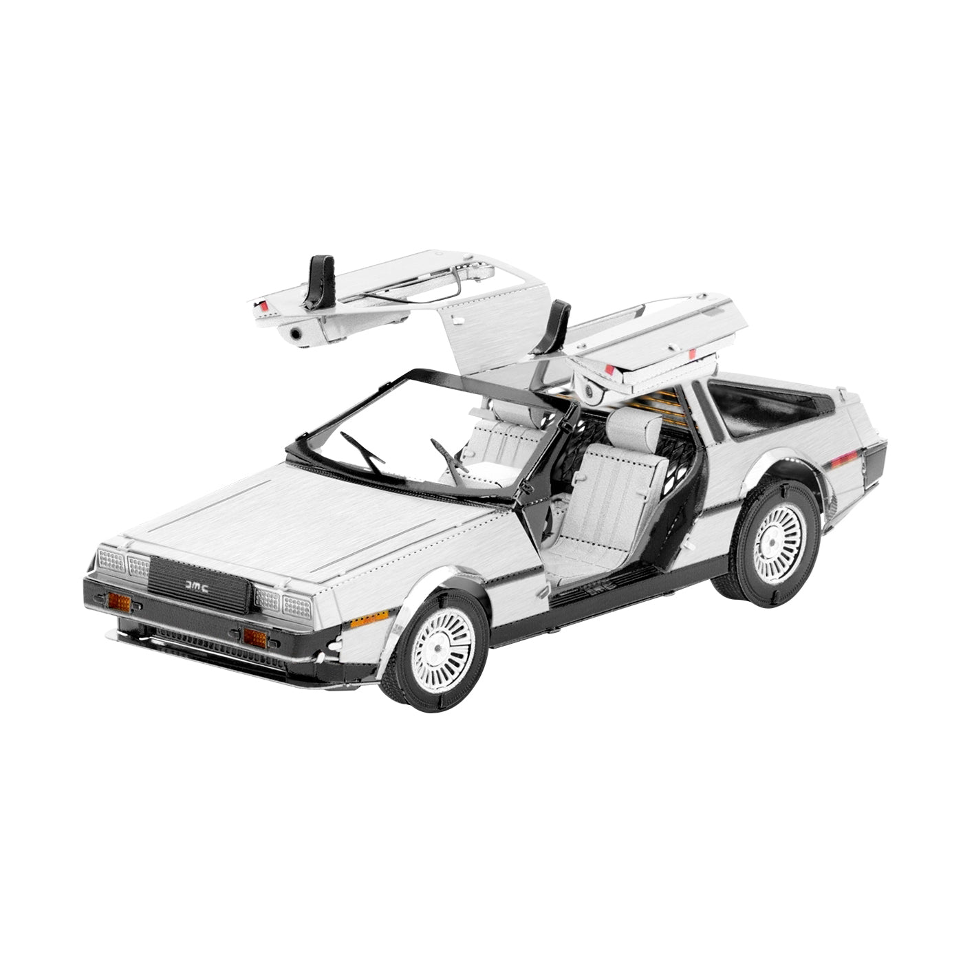 Metal Earth DeLorean Time Machine 3D metal model kit with gull-wing doors and hood open, showing detailed silver and black die-cast construction on plain backgr
