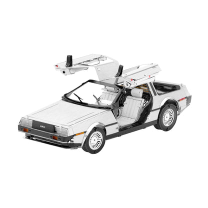 Metal Earth DeLorean Time Machine 3D metal model kit with gull-wing doors and hood open, showing detailed silver and black die-cast construction on plain backgr