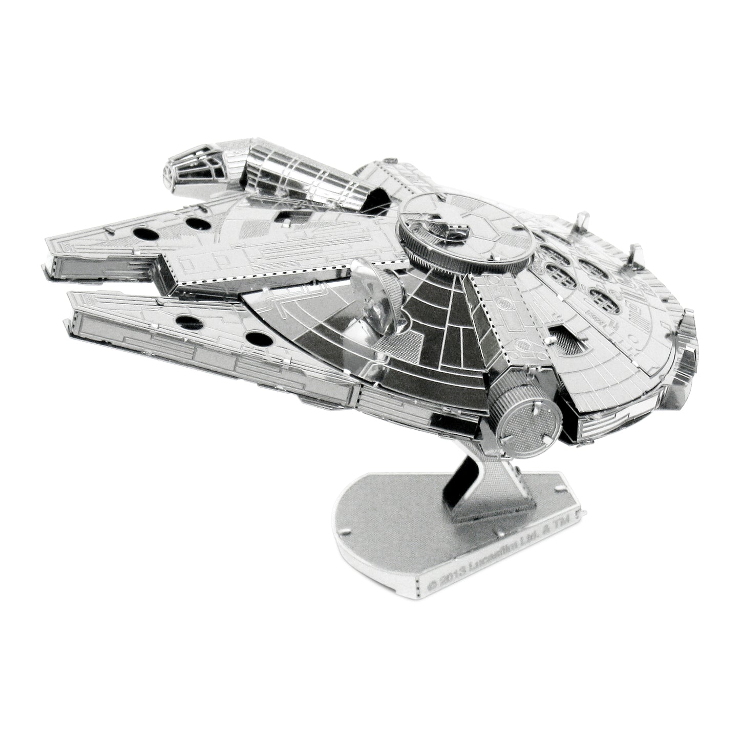 Silver metal 3D model kit of Star Wars Millennium Falcon spacecraft on display stand, shown assembled with detailed panels and components