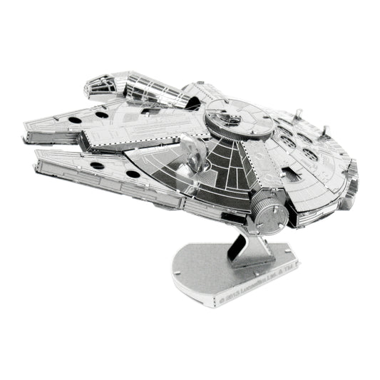 Silver metal 3D model kit of Star Wars Millennium Falcon spacecraft on display stand, shown assembled with detailed panels and components