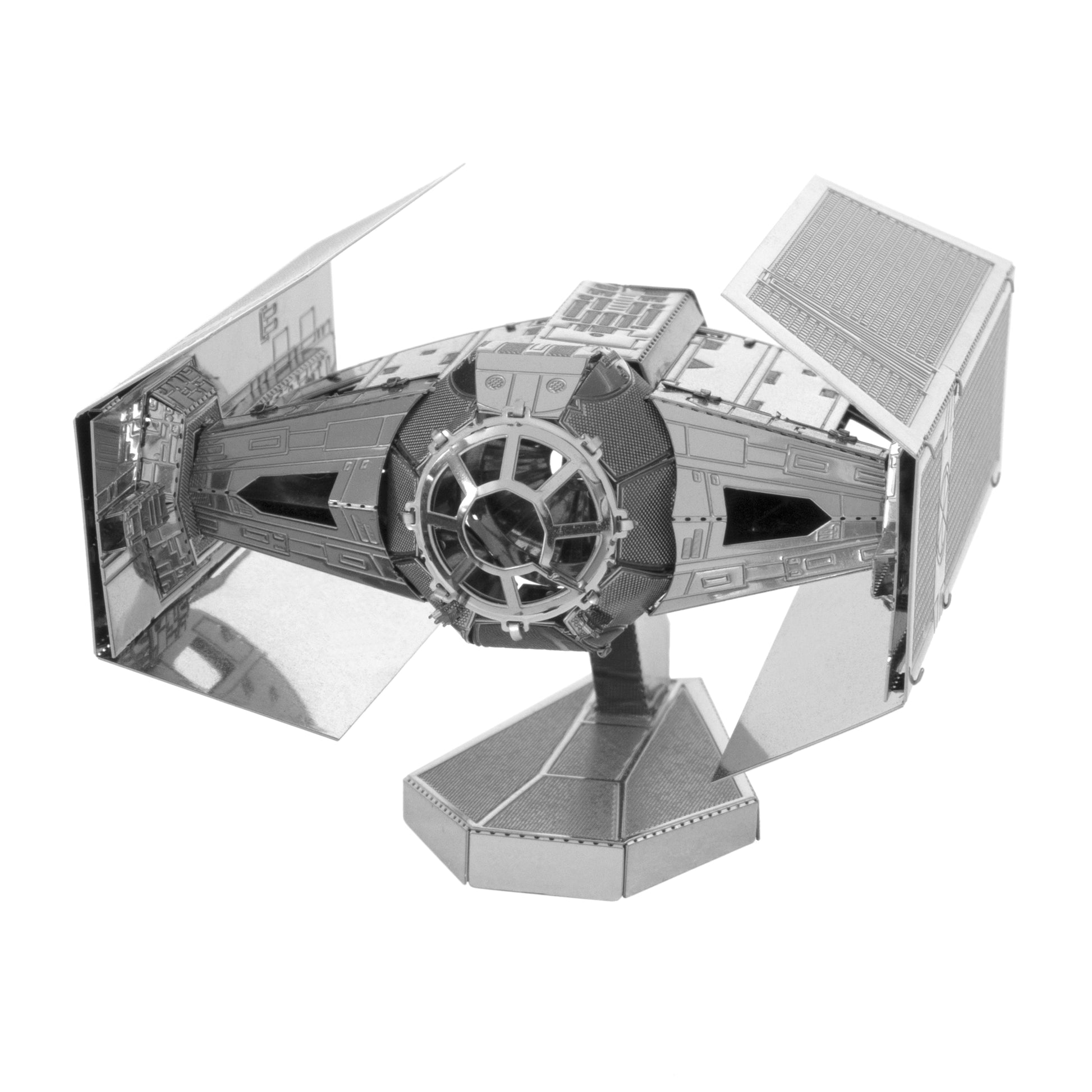 Metal Earth 3D Star Wars Darth Vader's TIE Fighter model kit assembled and displayed on stand, showing detailed metallic silver construction with solar panels a