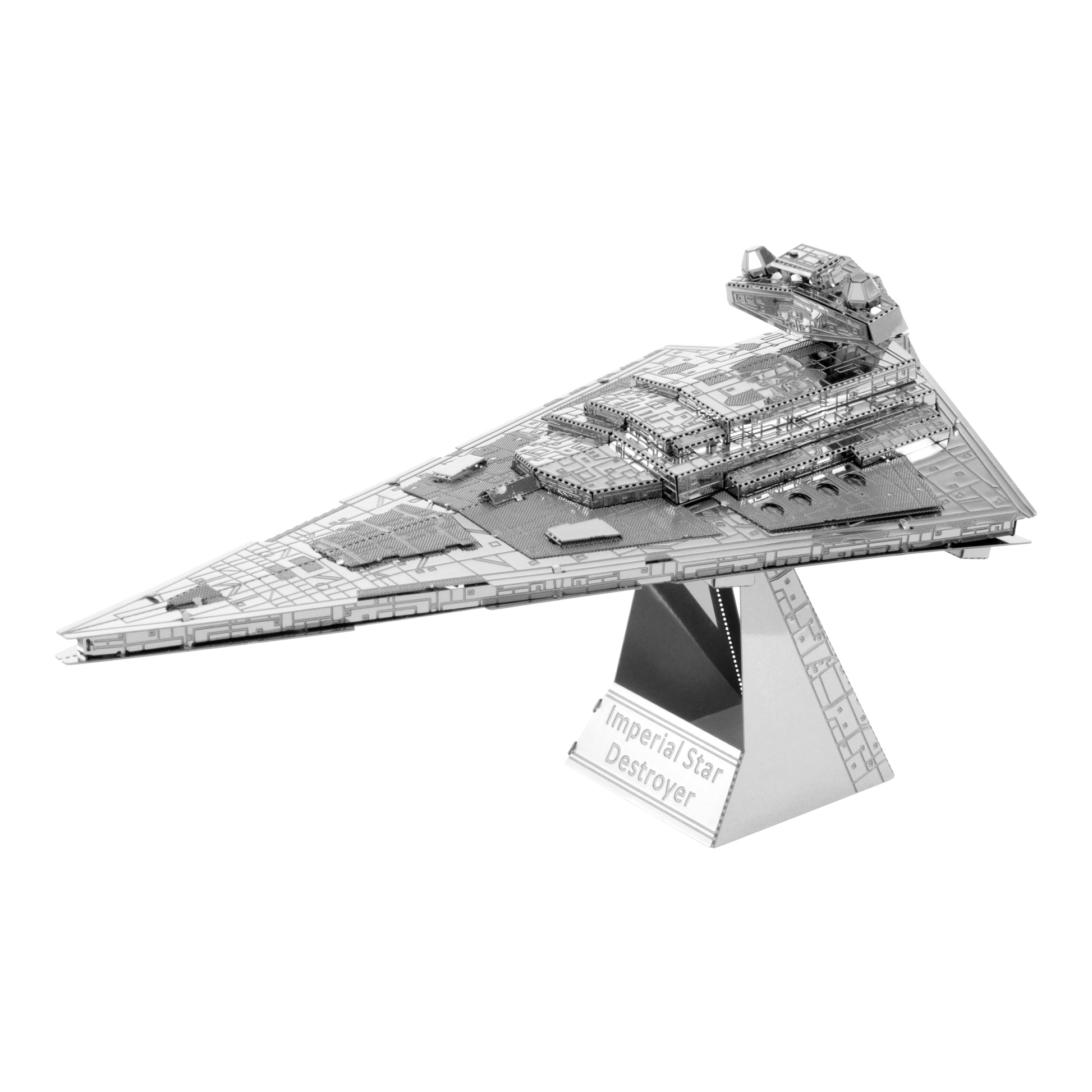 Metal Earth Star Wars Imperial Star Destroyer 3D Model Kit, silver metal assembled model on display stand