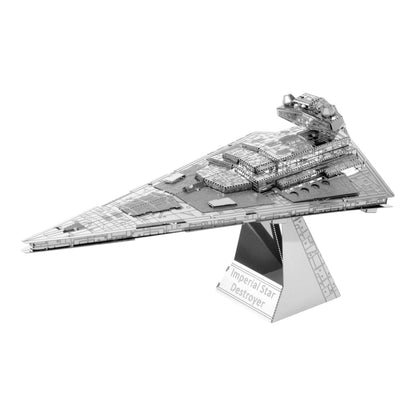 Metal Earth Star Wars Imperial Star Destroyer 3D Model Kit, silver metal assembled model on display stand