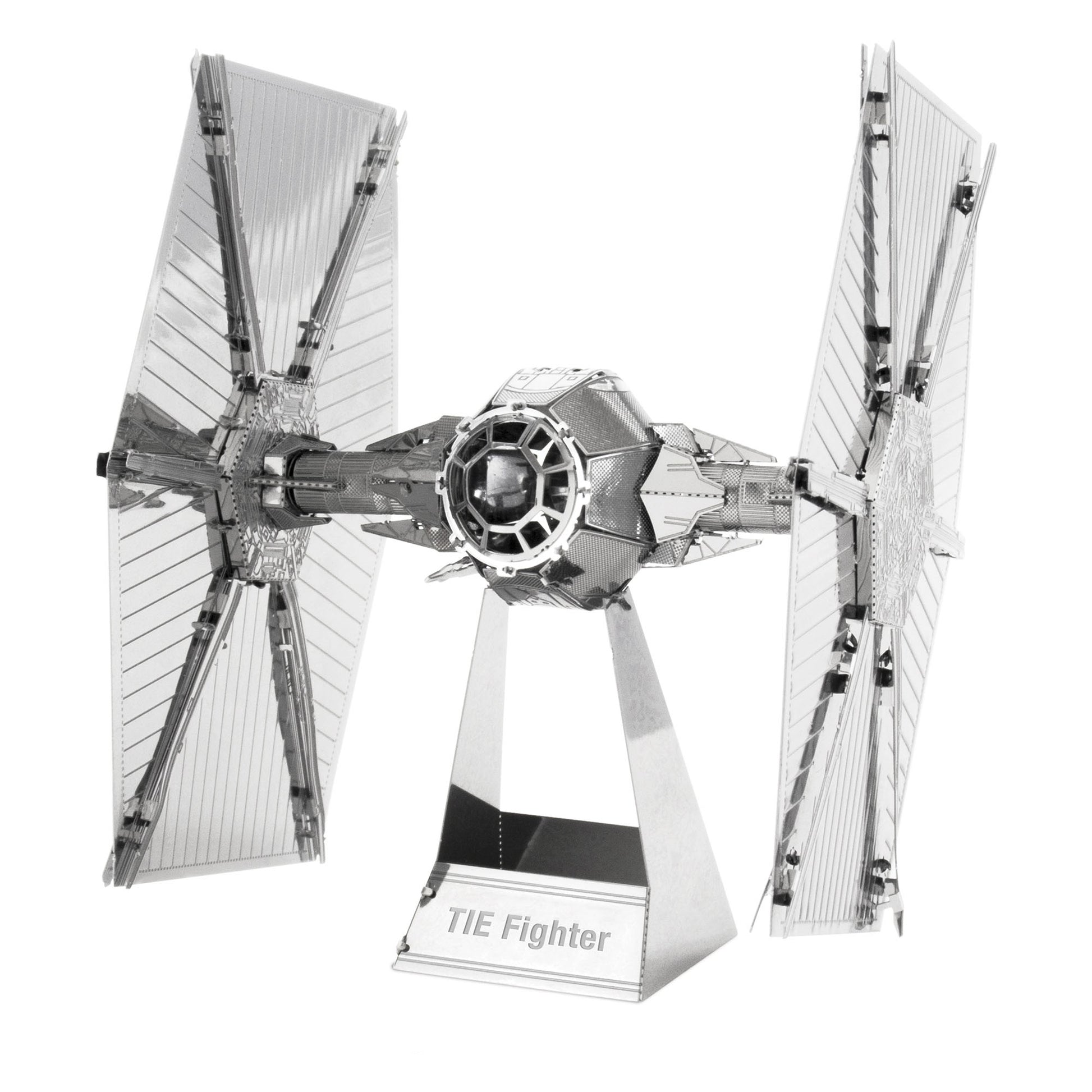Metal Earth 3D Metal Model Kit TIE Fighter assembled model displayed on stand, showing detailed metallic construction with hinged solar panels and central cockp