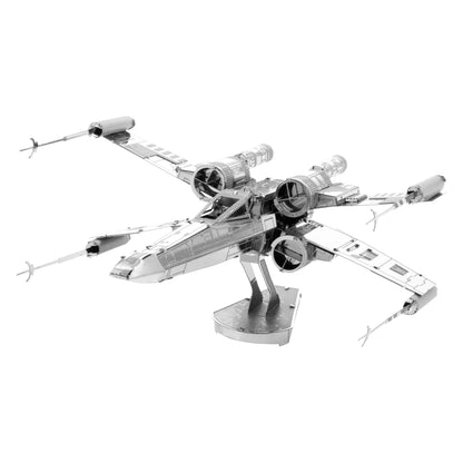 Metal Earth 3D X-Wing Starfighter model kit displayed assembled on stand, metallic silver finish with detailed cockpit and engine components