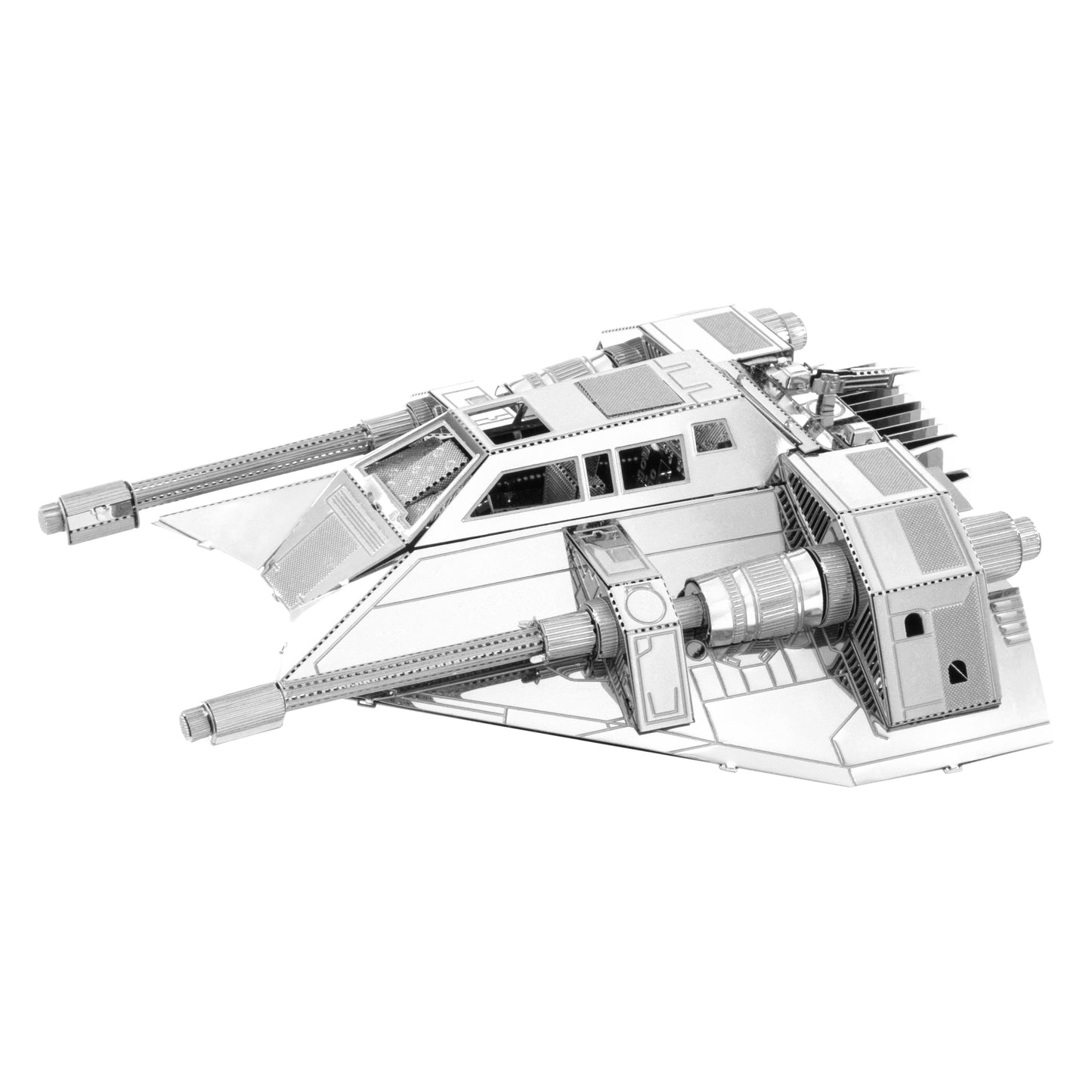 Star Wars Snowspeeder 3D metal model kit, silver metallic assembled model shown from angled view on plain background
