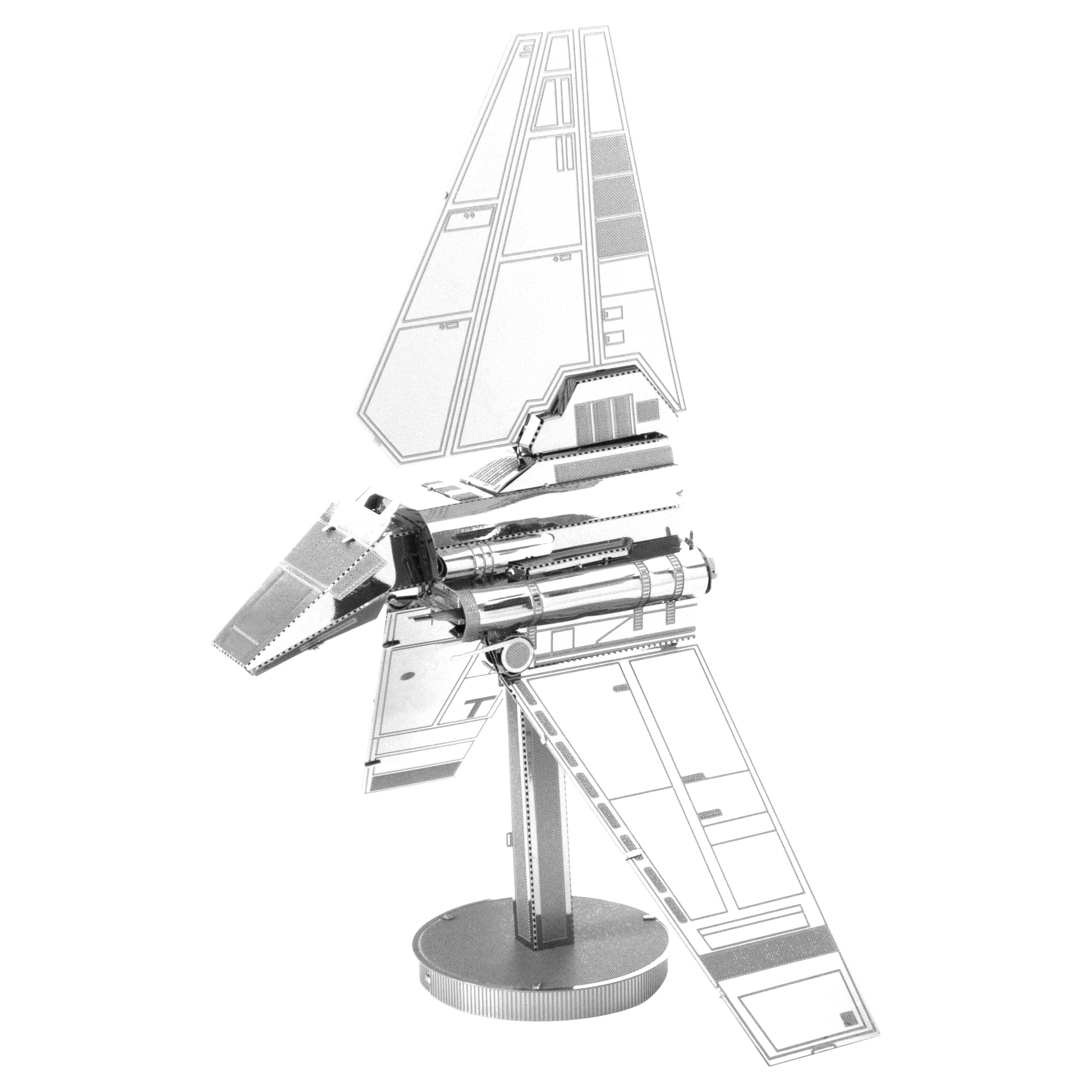 Metal Earth Star Wars Imperial Shuttle 3D metal model kit assembly showing detailed laser-cut metal pieces and completed shuttle structure