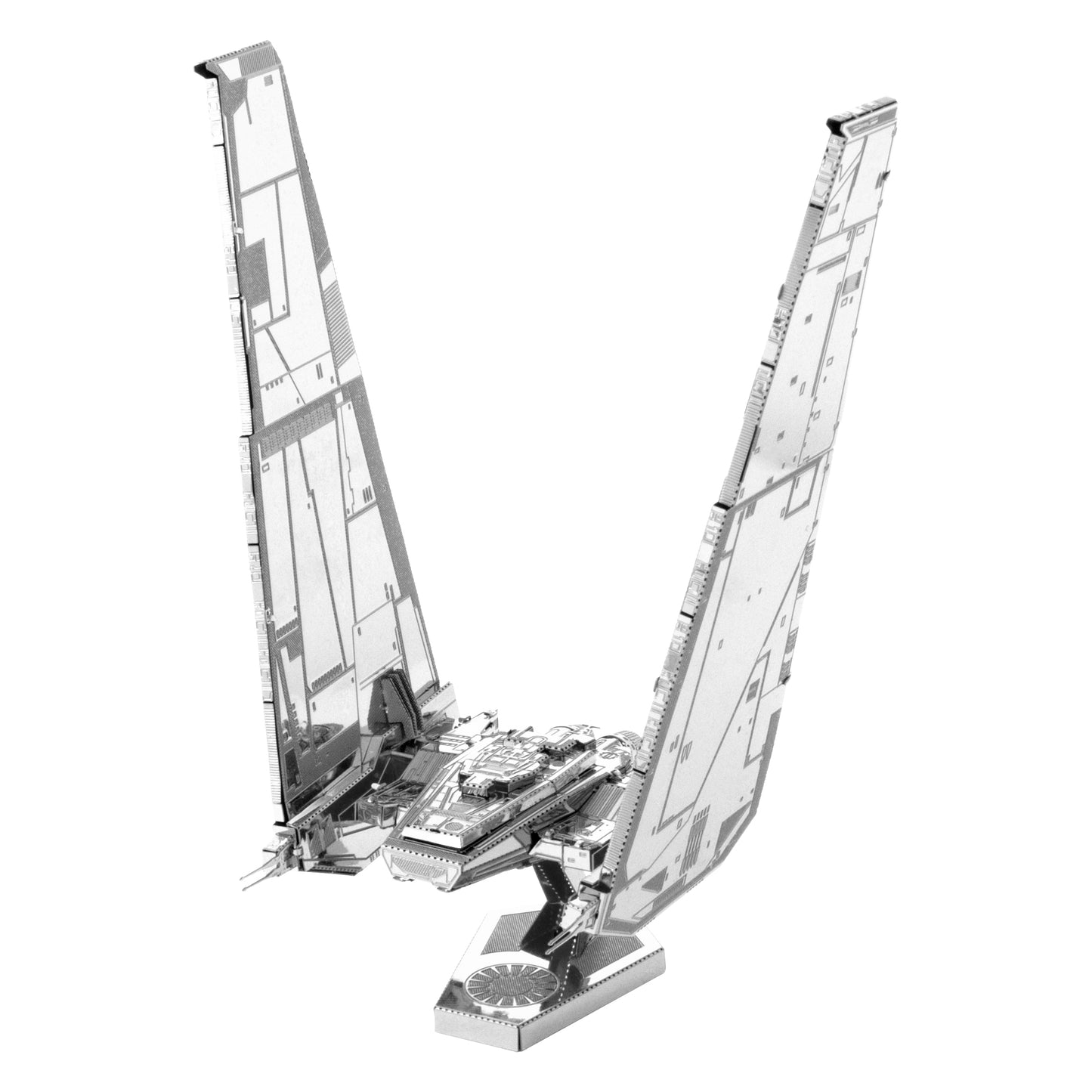 Kylo Ren's Command Shuttle metal 3D model kit, silver and black metallic spacecraft with two tall angular wings and detailed paneling on plain background