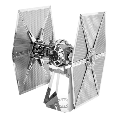 Star Wars Special Forces TIE Fighter 3D metal model kit assembled, showing detailed metallic construction with expandable solar panel wings and central cockpit