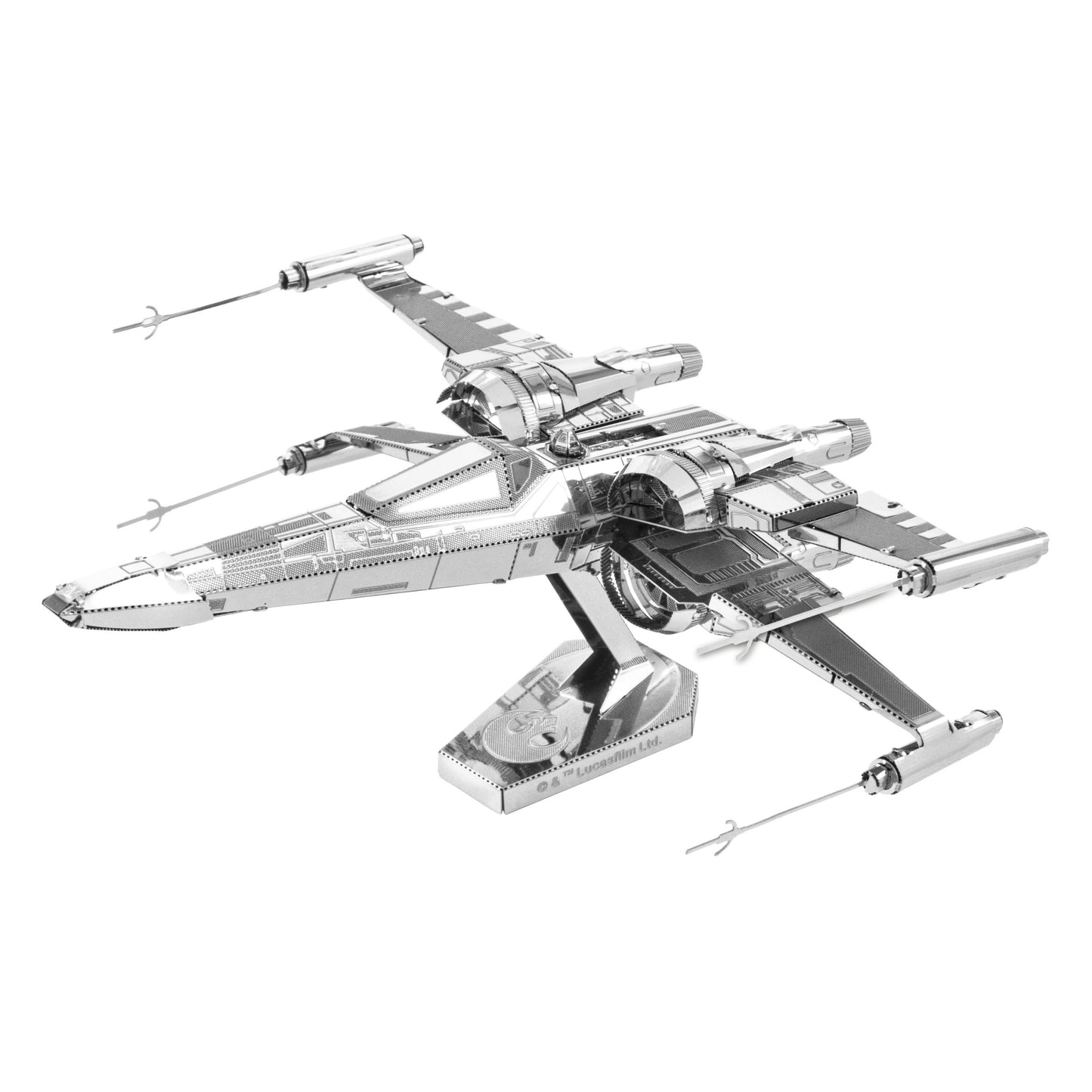Metallic 3D model X-Wing Fighter starship with detailed panel work, extended wings, and mounted laser cannons on plain background