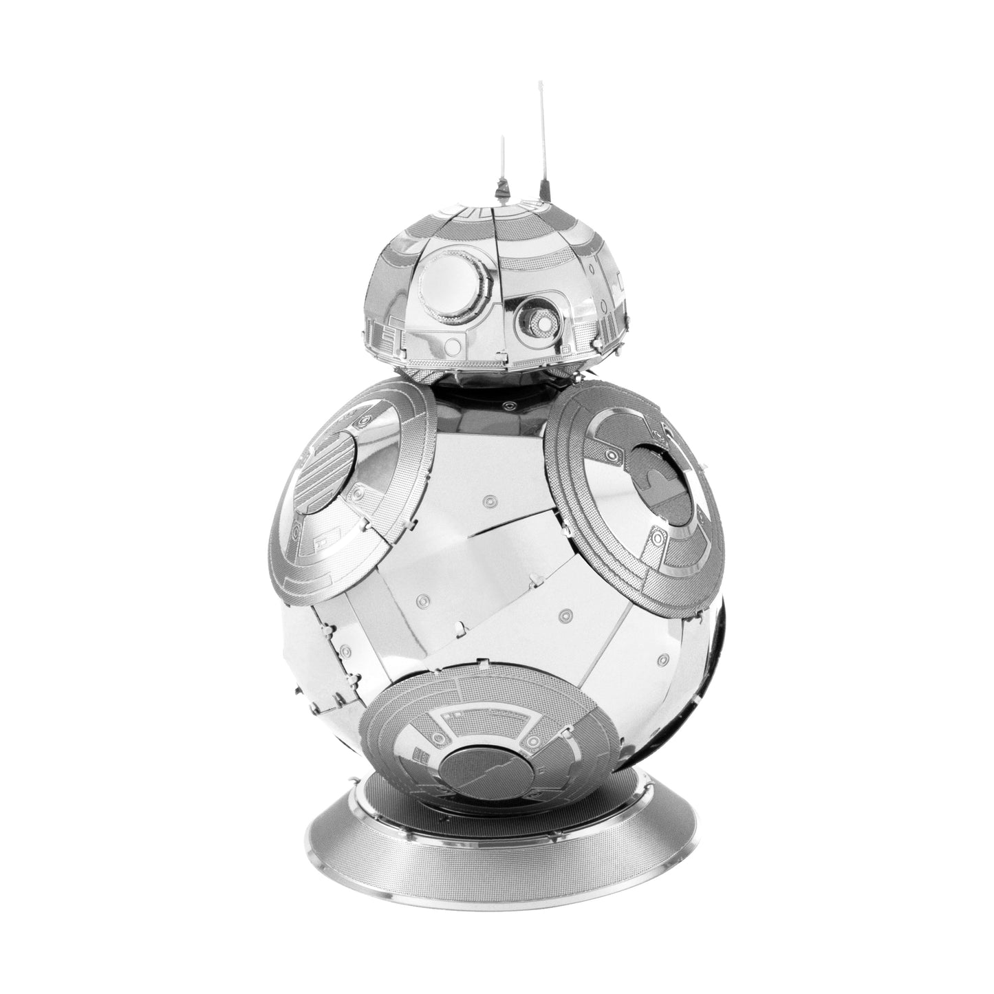 Metal Earth 3D metal model kit of BB-8 droid, silver-toned assembled sculpture on plain background