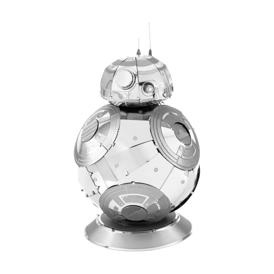 Metal Earth 3D metal model kit of BB-8 droid, silver-toned assembled sculpture on plain background