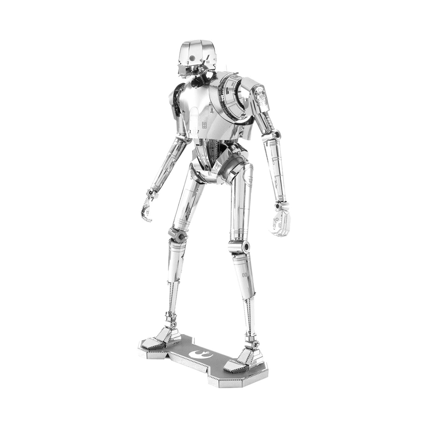 Metal Earth Star Wars K-2SO 3D metal model kit assembled figure, silver metallic droid with articulated limbs on display stand