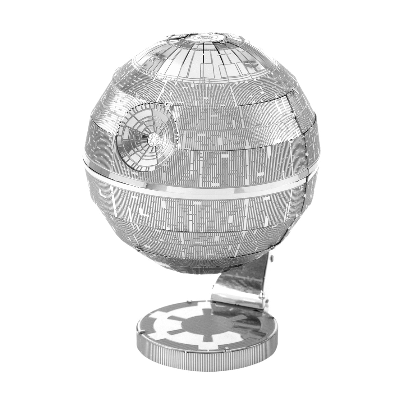 Metal Earth Death Star 3D metal model kit, silvery metal spherical structure with gridded surface detail and small turret, mounted on circular base