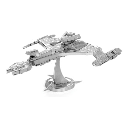 Metal Earth 3D Star Trek Klingon Vor'cha Class spacecraft model kit assembled in silver metal on display stand