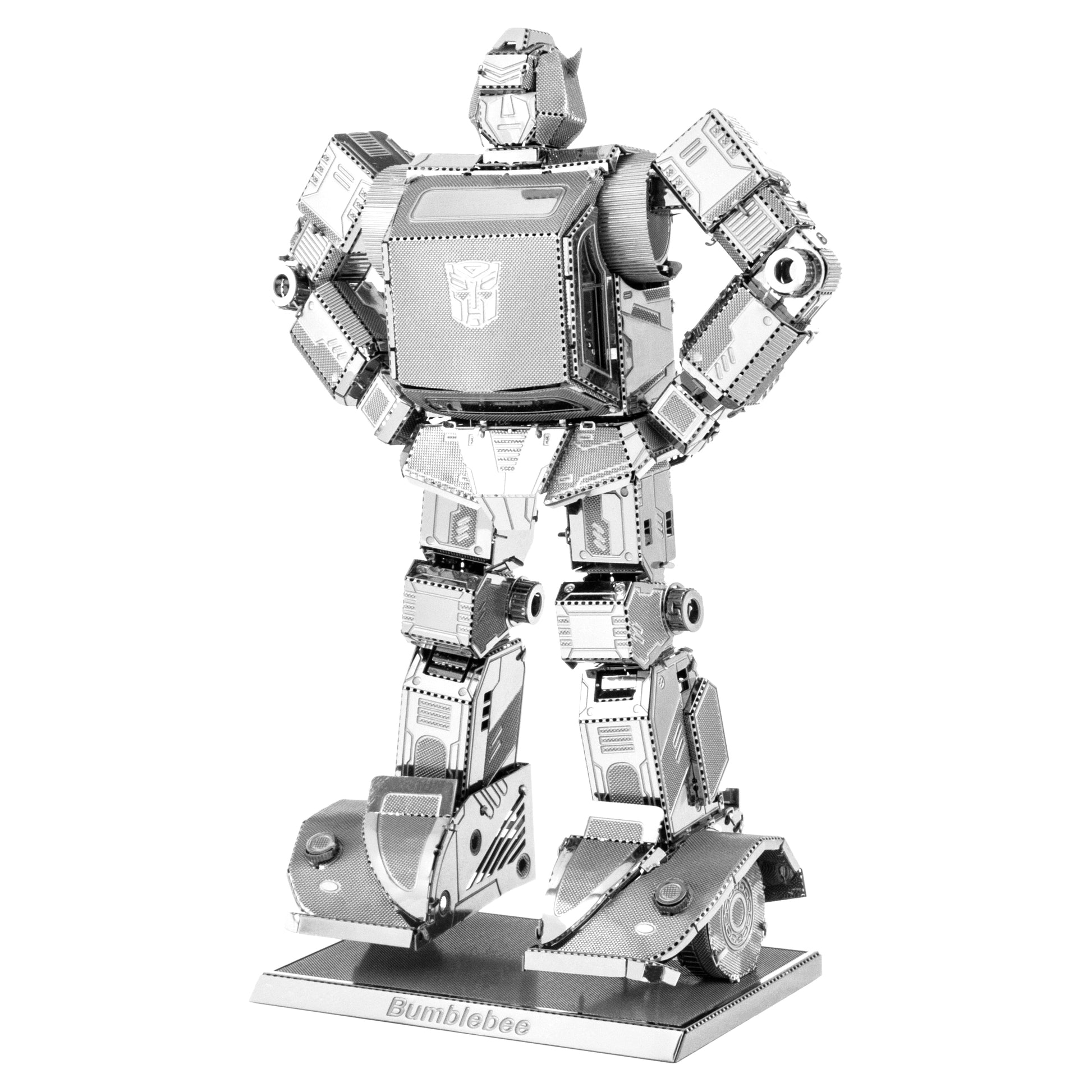 Metal Earth Transformers Bumblebee 3D metal model kit assembled into robot form with articulated limbs and geometric plating, displayed on base