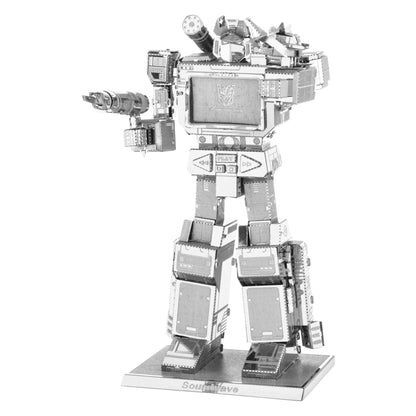 Metal Earth 3D metal model kit of Soundwave robot, silver metallic finish, shown fully assembled on display base