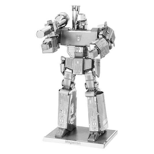 Metal Earth 3D metal model kit assembly of Megatron robot character in silver with articulated limbs and detailed mechanical panels, displayed on base