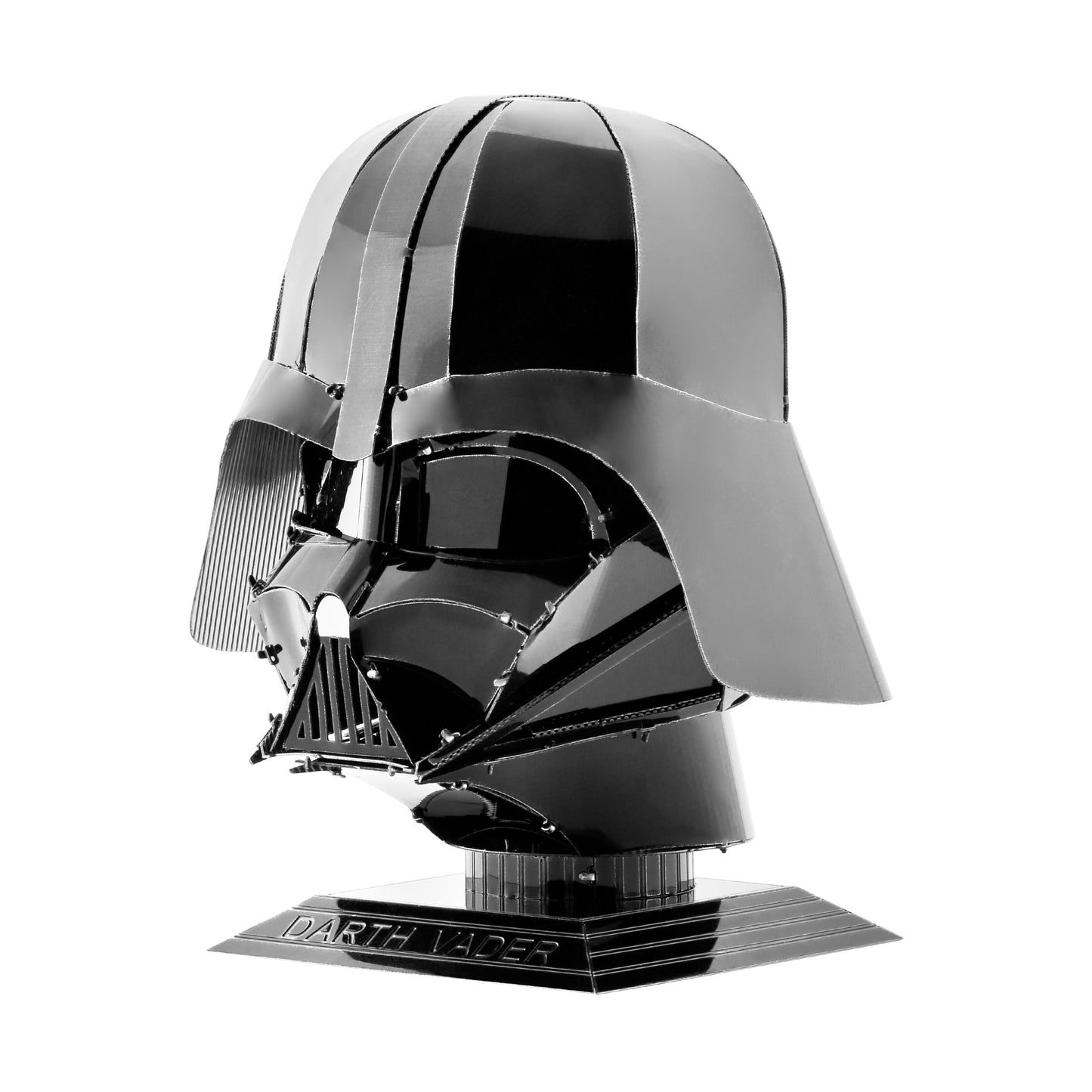 Metal Earth Star Wars Darth Vader Helmet 3D Model Kit, metallic silver and black assembled sculpture on display base