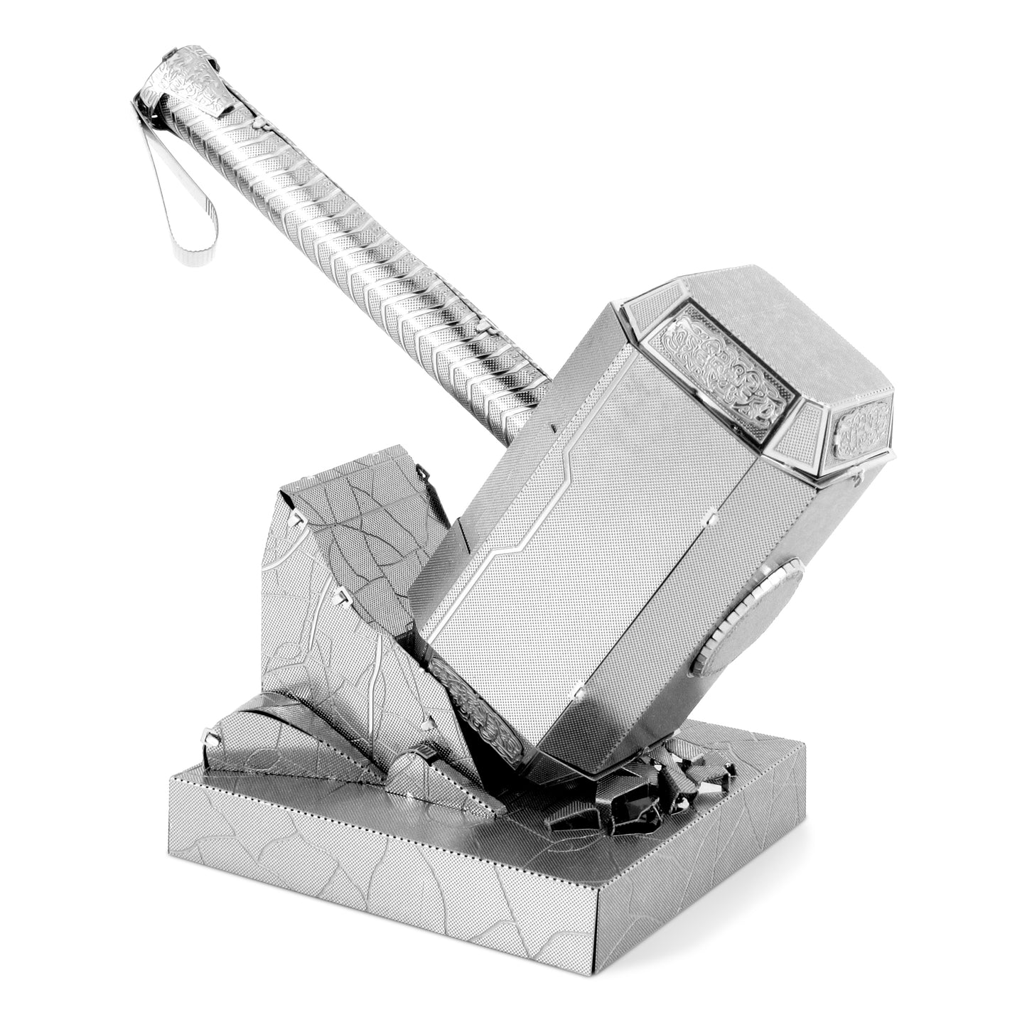 Metal Earth 3D Model Kit of Marvel's Mjolnir hammer, assembled metallic silver model with textured details, shown on base